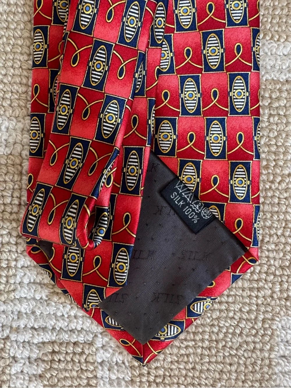 Como House Italy Vintage 100% Silk Tie Geometric Print Necktie Red Navy Gold